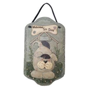 TCR Customizable Welcome Sit Stay Dog Flower Plaque Sign Wall Hanging Slate